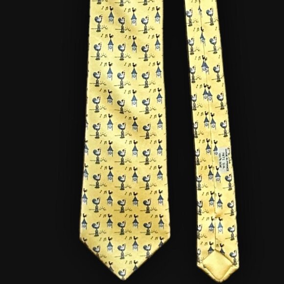 Hermes Mens Silk Necktie Bright Yellow Rooster 6 o' Clock Sunrise Print … - Picture 8 of 9